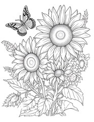 Sunflower Mandala Coloring Page for Adults. Flower and Butterflies Coloring Book