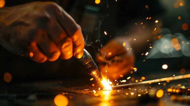 Defocused shot of hands using a torch to solder metal pieces together