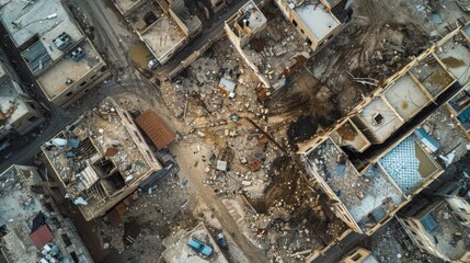 A city view of a destroyed area with rubble and debris