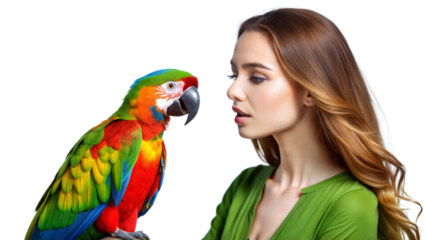 An exotic portrait of a young woman with a colorful parrot, illustrating the vibrant and playful nature of their connection.