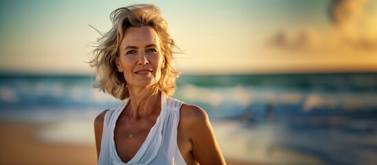 Naklejka premium Confident and smiling woman stands on beach at sunset,waves of sea,summer vacation resort concept.