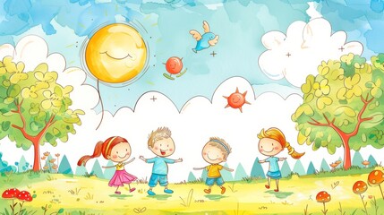 Obraz premium Bright and cheerful illustration of children playing outdoors on a sunny day, surrounded by trees, flowers, and fun balloons.