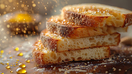 Slices of rustic sourdough bread with a crisp golden crust float gracefully against a light brown background. Sunlight streams in from the side,