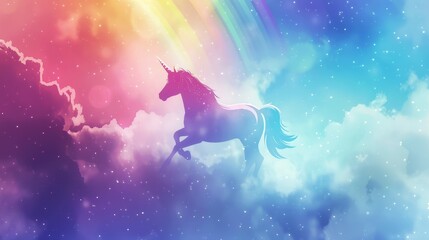 Obraz premium A unicorn is flying through the sky with a rainbow behind it