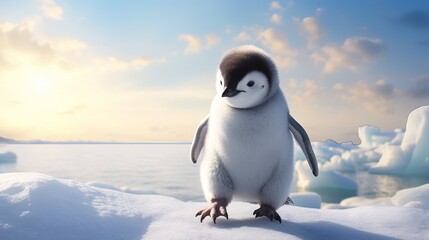 Obraz premium Adorable Penguin Chick in Arctic Landscape with Iceberg and Snow | Wildlife Photography