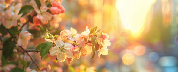 Fototapeta premium Beautiful spring background with blooming crabapple flowers in the city, sunset light