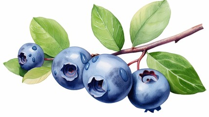 Watercolor illustration of blueberries with leaves isolated on white background, seamless pattern