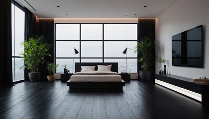 Minimalist modern black wood bedroom with plant interior background, 3D render