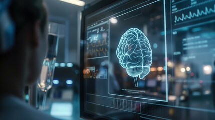 Obraz premium Innovative Medical Technology, Diagnosing and Examining Patient Brain with Intelligence Software in Hospital