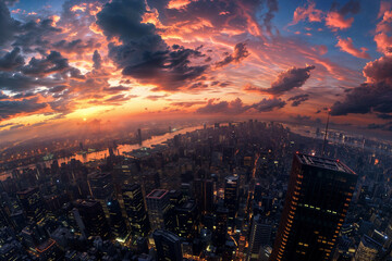 Fototapeta premium Stunning aerial cityscape view with vibrant sunset sky and skyscrapers silhouettes