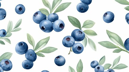 Watercolor illustration of blueberries with leaves isolated on white background, seamless pattern for gift box, wallpaper, background, web sites, textiles, textures, greeting card, wedding invitation.