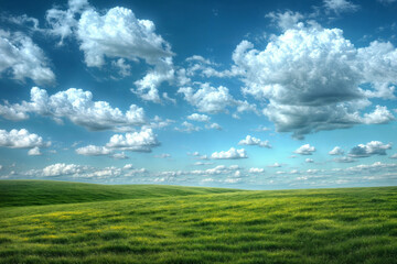 Picturesque Pastoral Landscape with Lush Green Meadows and Fluffy White Clouds in Serene Countryside