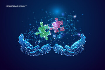Abstract hand-holding jigsaw puzzle hologram in futuristic light . Digital business solution concept. Low poly wireframe vector illustration on dark technology background.