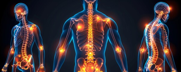 腰痛や膝痛など、青とオレンジで痛みのポイントを強調した人体のイラスト