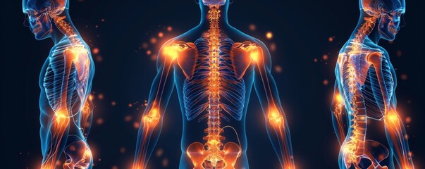 腰痛や膝痛など、青とオレンジで痛みのポイントを強調した人体のイラスト