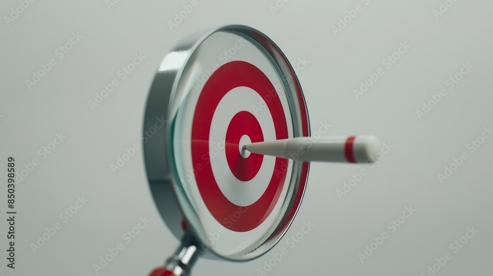 Poster Target board inside of magnifier glass for focus business objective on white background and copy space : Generative AI
