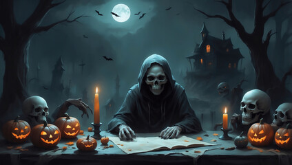 Grim Reaper reading a book with jack-o'-lanterns and skulls on Halloween night under a full moon