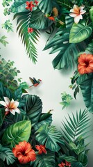 Tropical rainforest wall with leaves, birds and large flowers. On a white background in watercolor style. With detailed foliage and light blue-green tones.