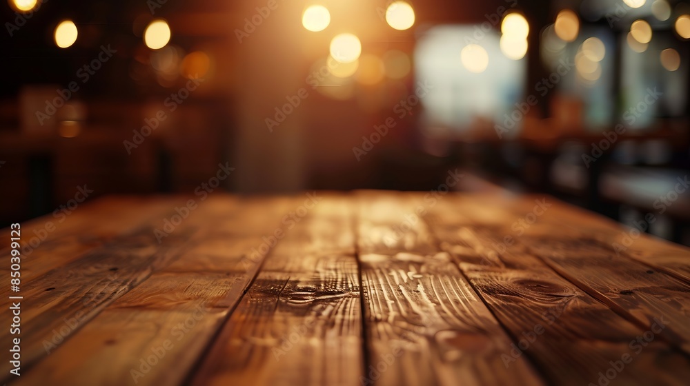 Poster Wooden board empty table background abstract blurred cafe background : Generative AI