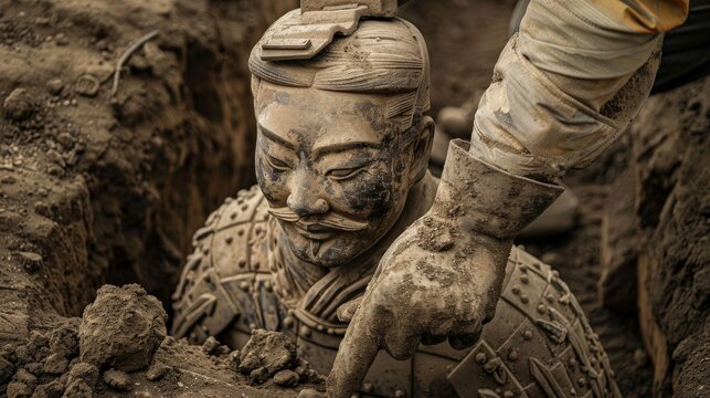 Unearthed from the earth, a life-size terracotta statue of a Chinese warrior stands guard.