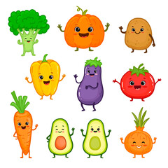 Set of cartoon vegetable characters. Cute broccoli, potato, carrot, tomato, pepper, eggplant, onion, avocado, pumpkin with arms and legs for kids. Food illustration. Menu.
