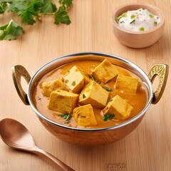 Indian traditional cuisine food shahi paneer on wooden table