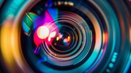 Obraz premium Close up Beautiful camera lens with multi colored light Background pattern for design : Generative AI