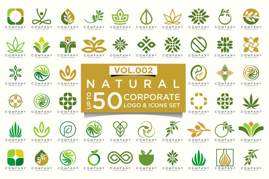 creative leaf logo icon set. Abstract design eco logo, green leaf seedling, growing plant.