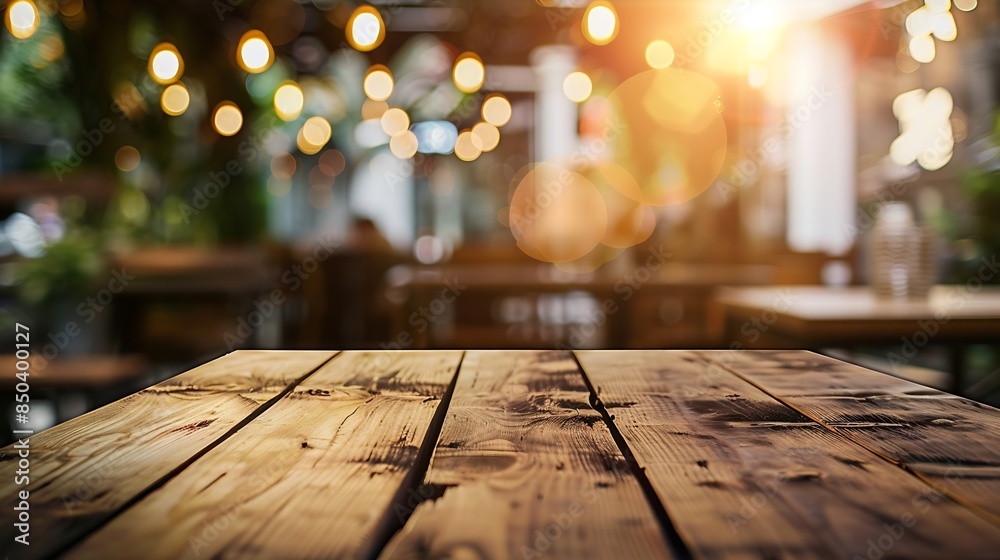 Poster empty wooden table and blurred background of abstract in front of restaurant or coffee shop for disp