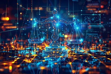 Fototapeta premium Digital Scales of Justice on a Circuit Board Background
