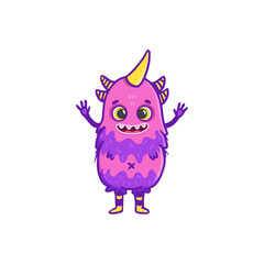 Fototapeta premium Cute cartoon purple monster on white background. Monster Icon. Happy Alien. Doodle Funny monster with pink color. Vector illustration 