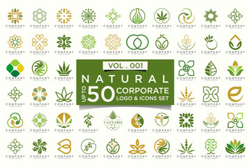 creative leaf logo icon set. Abstract design eco logo, green leaf seedling, growing plant.