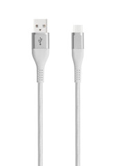 White cable for charging and synchronization with Type - C, USB, Micro USB, Lightning connectors on...