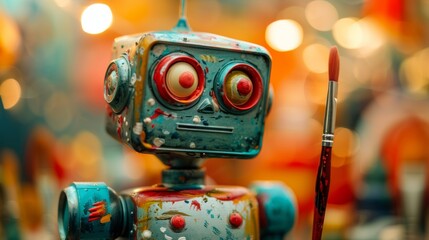 Robot holding a paintbrush, Artificial Intelligence, tech and creativity concept.
