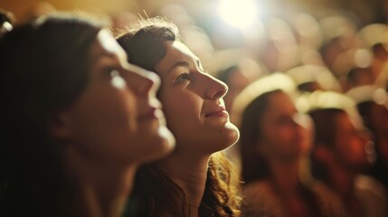 Indistinct faces of audience members nodding their heads in appreciation.