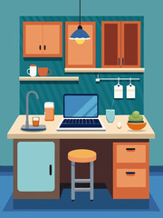 A kitchen counter used as a remote work station