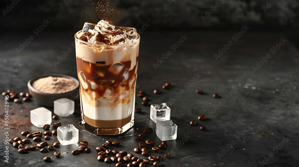 Aufkleber ice coffee in a tall glass with cream poured over ice cubes and beans on a dark concrete table cold 