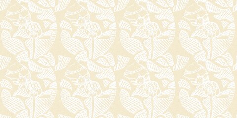 Modern white on cream lace effect wedding border texture. Soft tonal linen openwork block print with subtle hand drawn lattice damask printed fabric banner edge trim. 