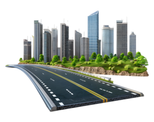 Aerial view of a modern city with skyscrapers on transparent background
