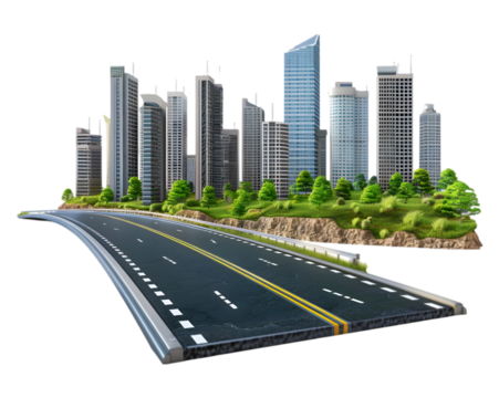 Aerial view of a modern city with skyscrapers on transparent background