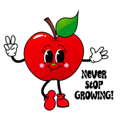 Groovy red apple - School concept in old classic cartoon style. Vintage cute character isolated on white background. 