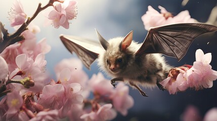 Endangered Bumblebee Bat in Flight Among Vibrant Pink Cherry Blossoms Against a Blue Sky