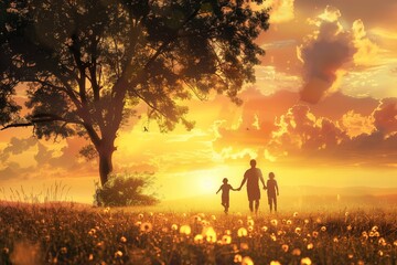 A family of three strolls through a field of dandelions as the sun sets in the distance