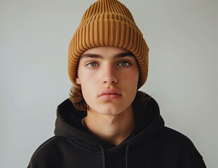 Beanie in camel color, a young man with black hair wearing it in the style of product photography, studio light, white background