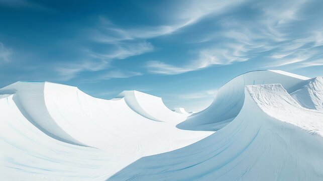 A snowboarding halfpipe with pristine snow and sculpted walls set against a brilliant blue sky.