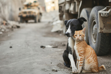 A black and orange cat and dog sit next to each other on a dirt road, trying to survive on the abandoned outskirts of a war-torn or disaster-ravaged city. Animal welfare concept. Copy space