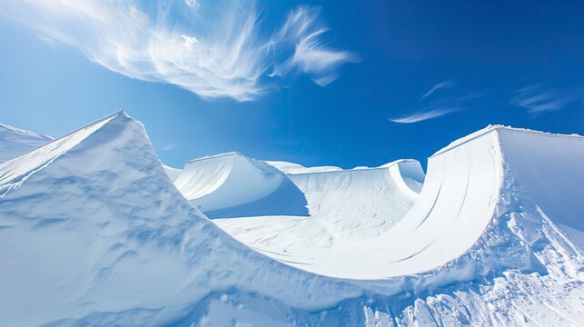 A pristine snowboarding halfpipe lies under a radiant blue sky, with impeccably sculpted walls for tricks.