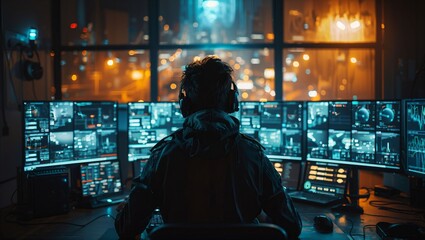 Obraz premium Cybersecurity professional analyzing data on multiple monitors, dimly lit tech lab, high-tech, realistic photo