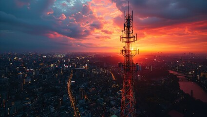 5G tower in a bustling cityscape, high resolution, natural lighting, detailed urban environment, realistic photo