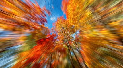 A captivating motion blur effect of vibrant autumn leaves against a clear blue sky, creating a sense of dynamic movement.